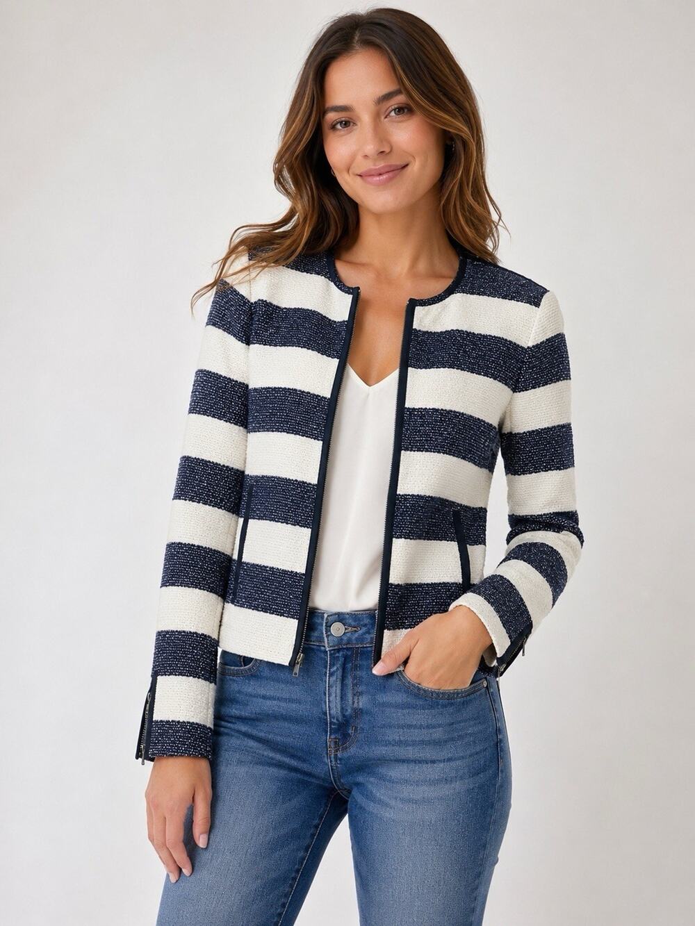Gap Womens Size 4 Navy Ivory Striped Tweed Moto Jacket Full Zip Cotton Blazer